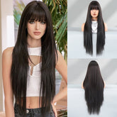 34 Inch Black Layered Straight Wig with Bangs